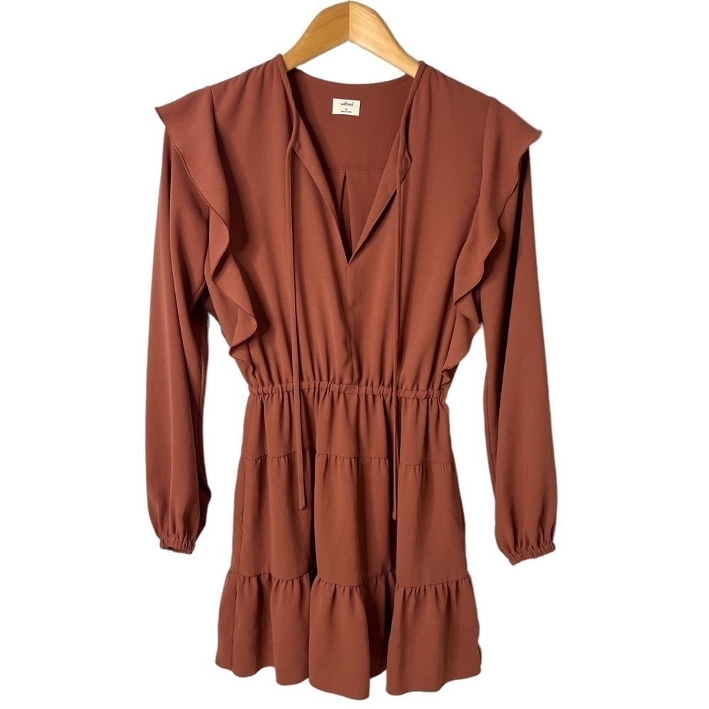 Wilfred Long Sleeve Ruffle Mini Dress Rust Brown Size XS Fall Boho Cinched Waist